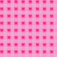 Seamless pattern gingham with pink hearts.Vichy check plaid wallpaper.Simple cute Valentines day.Wedding card.Love texture.Decoration ornament.Repeat tile.Wrapping paper.Vector illustration.