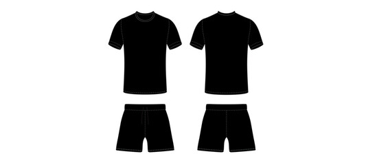 Black T-Shirt and Shorts Set Mockup Template – Front and Back View. Vector Illustration.