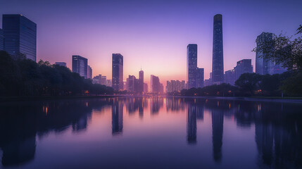 Fototapeta premium stunning skyline view of city at dusk, reflecting on calm lake, evokes tranquility
