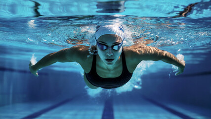 Athletic woman swims underwater in a pool, wearing a black swimsuit, swim cap, and goggles. The light reflections on the water enhance the sense of motion and intensity of the sport.