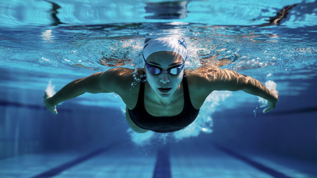 Athletic woman swims underwater in a pool, wearing a black swimsuit, swim cap, and goggles. The light reflections on the water enhance the sense of motion and intensity of the sport.