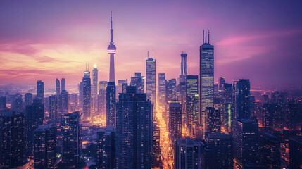 Fototapeta premium vibrant city skyline at dusk showcasing tall buildings and beautiful sunset