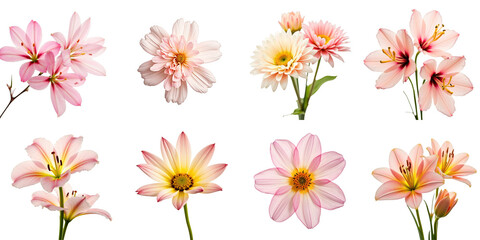 Obraz premium Collection of Pink and White Flowers on transparent Background Featuring Lilies, Daisies, and Other Floral Varieties with Vibrant Petals and Diverse Shapes
