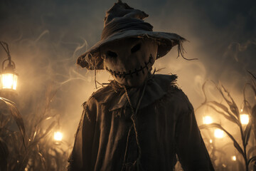 Fototapeta premium Spooky Scarecrow in a Cornfield