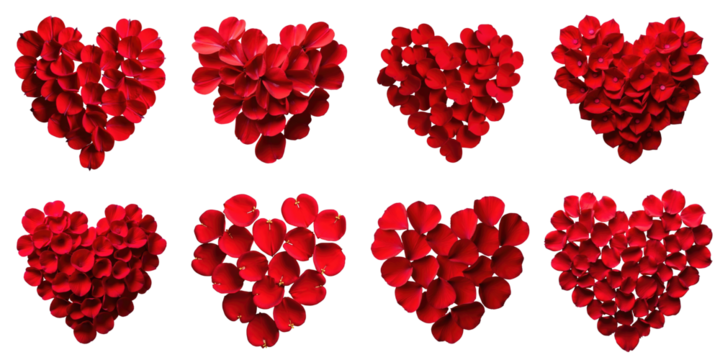 Collection of Red Rose Petal Hearts on transparent Background Featuring Nine Distinct Heart Shapes Arranged in an Aesthetic Pattern with Varying Sizes and Petal Arrangements