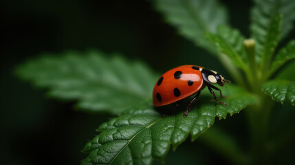 Fototapeta premium Vibrant ladybug rests on green leaf, showcasing its bright red body adorned with black spots. This close up captures beauty of nature
