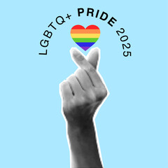 Halftone human hand and rainbow Pride flag heart shape isolated on blue background. Trendy collage cut out paper element for Pride Month banner, poster, card. Vector k-pop finger heart gesture