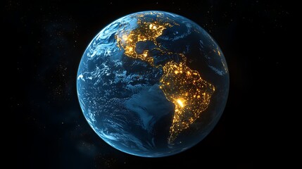 View of Earth from space at night, showing illuminated cities and continents
