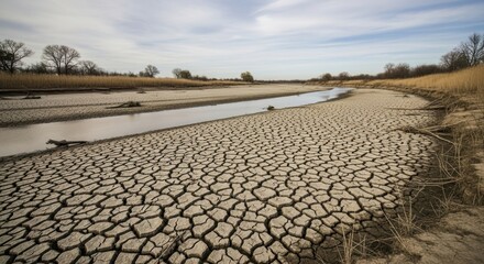 Fototapeta premium Dried riverbed and cracked earth showing environmental impact of drought and global warming. Climate change effect on nature.