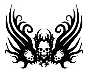 Tattoo demon skull tribal evil celtic wings tentacles flame patterns thorns sharp edges ornament emblem silhouette black isolated on white background
