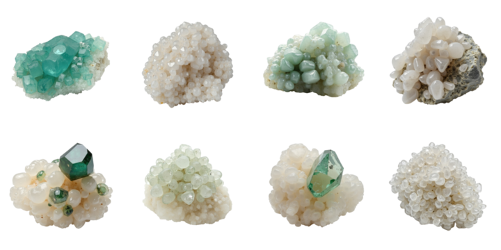 Collection of Various Crystal Clusters Displaying Unique Colors and Textures Featuring Greys, Greens, and Whites on a transparent Background