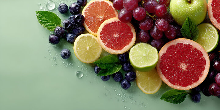 Fruits on a light green background with fresh grapes and citrus slices