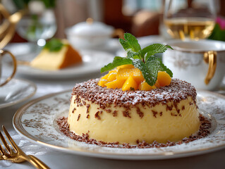 Close-up of a beautifully presented blancmange dessert with fruit