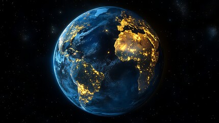 View of Earth from space at night, showing illuminated cities and continents