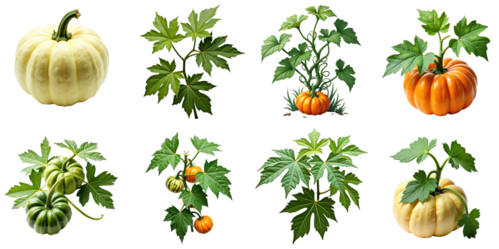 Colorful Collection of Pumpkins and Leaves Featuring Various Shapes and Sizes on a transparent Background Displaying Vibrant Green Foliage and Unique Pumpkin Varieties