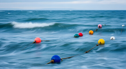 Buoys In A Rhythmic Ocean At Tranquil Day With Cloudy Skyline