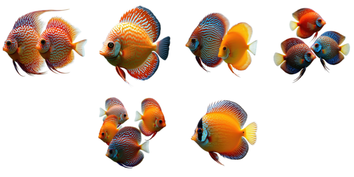 Colorful Collection of Tropical Discus Fish with Vibrant Patterns and Varied Colors Set Against a transparent Background Ideal for Digital Design and Aquarium Enthusiasts