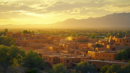 Obraz premium Sunset over traditional pueblo architecture in Santa Fe, New Mexico, creates warm atmosphere