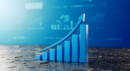 Ascending Blue Bar Graph Illustrating Growth and Progress on a Tech Background Representing Business Success and Financial Upward Trend
