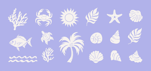 Fototapeta premium Vintage boho summer icon set hand-drawn in a groovy naive style, featuring palm, turtle, sun, sea, shells, fish, and crab. Ideal for travel logos, prints, posters, vacation themes, and vector artwork.
