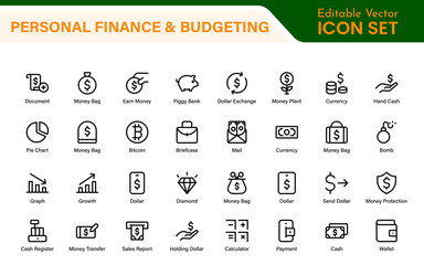 Personal Finance and Budgeting Icons – Modern Minimalist Line Art Vector Illustrations for Budget Planning, Saving, Money Management, and Financial Tools