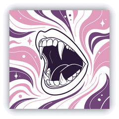 A large, stylized, open mouth with sharp, pointed teeth is the central subject. The teeth and mouth are rendered in white, with dark interiors, set against a background of swirling, abstract patterns