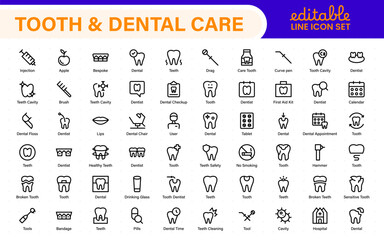 Complete Tooth and Dental Care Icon Collection. Perfect for Oral Hygiene, Dentist Tools, Preventive Measures, Whitening Solutions, and Comprehensive Dental Care