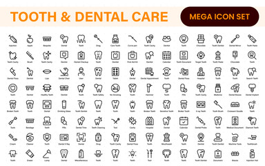 Complete Tooth and Dental Care Icon Collection. Perfect for Oral Hygiene, Dentist Tools, Preventive Measures, Whitening Solutions, and Comprehensive Dental Care