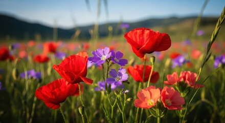 Fototapeta premium Vibrant wildflower field with red poppies and purple blossoms 