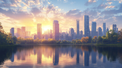 Obraz premium stunning city skyline at sunset, reflecting on tranquil lake surrounded by greenery
