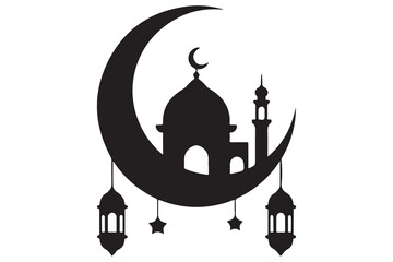 Obraz premium Mosque and crescent moon silhouette on white background 