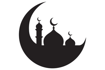 Mosque and crescent moon silhouette on white background
