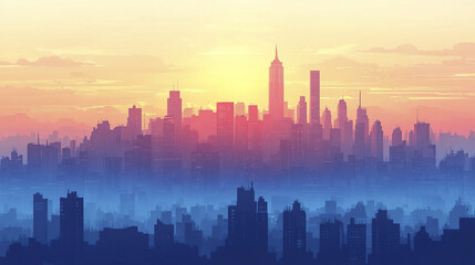 Fototapeta premium vibrant city skyline at sunset, showcasing silhouettes of skyscrapers and colorful sky
