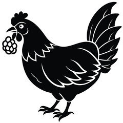 Black Silhouette Hen with Berry &ndash; Farm Animal Vector Art,
Chicken Feeding Scene with Nest &ndash; Vintage Farm Illustration,
Classic Hen Silhouette &ndash; Retro Poultry Artwork Design.
