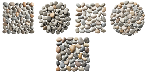 Collection of Various Pebble Arrangements in Different Shapes Featuring Smooth, Rounded Stones in Neutral Tones Displayed on a transparent Background for Textural Diversity