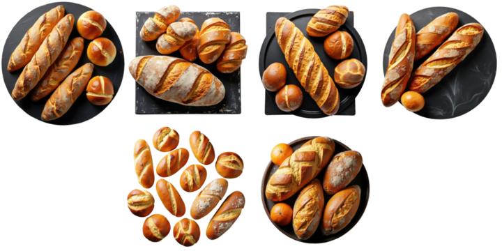Artfully arranged collection of artisan breads including crusty baguettes, round rolls, and decorative loaves, presented on dark backgrounds showcasing their golden crusts and textures.