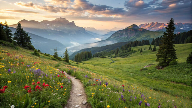 Serene mountain meadow trail at sunrise, wildflowers blooming, majestic peaks and vibrant colors landscape photography.