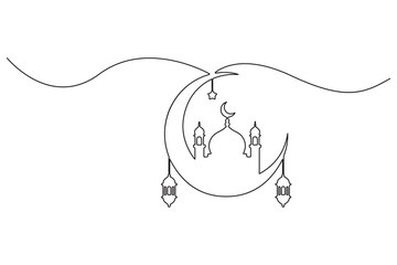 Crescent moon and mosque continuous one line drawing minimalist style vector illustration
