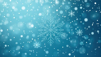 Fototapeta premium Subtle blue background with delicate snowflake shapes and light, white blurred circles creating a calming winter festive design