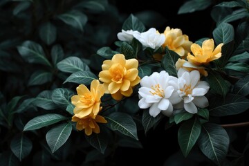 Obraz premium Yellow and white flowers with dark green leaves fill the frame against a blurred dark background