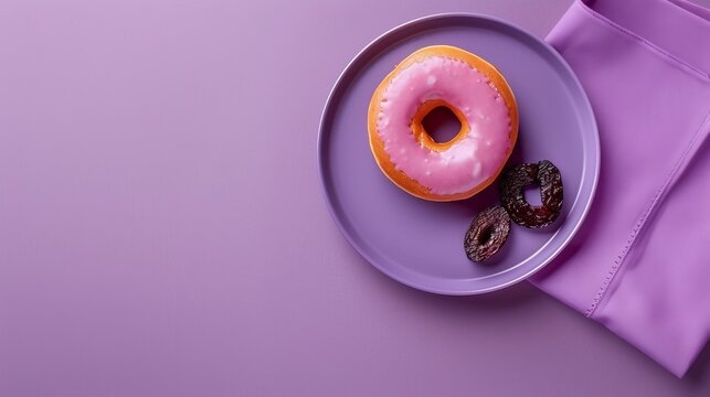 Delicious pink glazed donut on a purple plate with chocolate cookies. Sweet treat, dessert, bakery concept. Flat lay, top view.