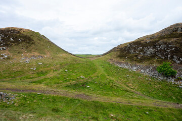Fototapeta premium Sycamore Gap on Hadrian's Wall showing the aftermath of the tree felling, Northumberland, UK