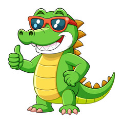 Fototapeta premium funny Crocodile wearing sunglasses gives a smiling thumbs-up in a vibrant, detailed 3D cartoon render, showing approval