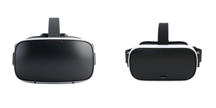 Sleek transparent virtual reality headset displayed from two angles showcasing its modern design and adjustable straps for immersive gaming and experiences.