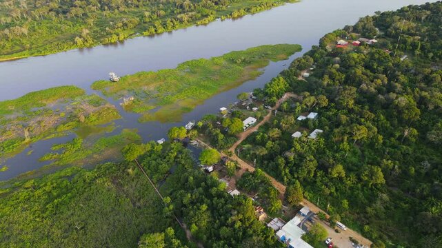 Aerial View of Porto Jofre Village by the Cuiaba River in the Pantanal Wetlands, Brazil