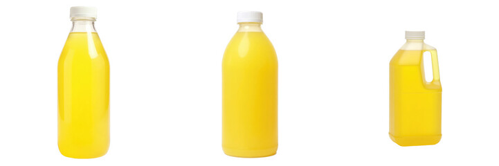 Naklejka premium Collection of Yellow Juice Bottles in Various Shapes and Sizes on transparent Background Featuring Clear Plastic Containers with Lids and Bright Yellow Liquid