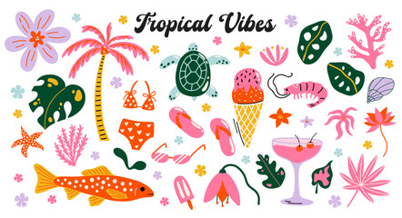 Tropical aesthetic, summer sea vacation vibes, holiday themed vector sticker elements set. Collection of cute groovy funky cartoon illustration of beach objects, palm tree, drinks, exotic flowers