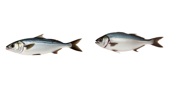 Realistic depiction of two distinct fish species featuring detailed scales and vibrant coloration set against a contrasting transparent background, highlighting their unique physical attributes.
