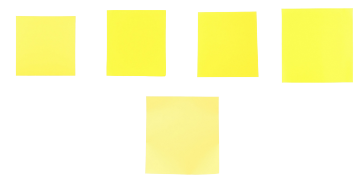 Collection of vibrant yellow sticky notes arranged in a creative pattern against a transparent background, highlighting their transparency and unique shapes for versatile use in design projects.