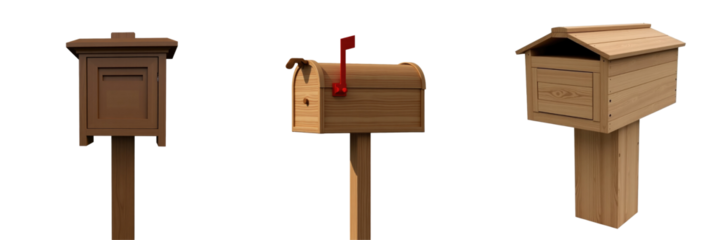 Collection of Three Distinct Wooden Mailboxes Featuring Varied Designs: Rustic, Classic Red Flag, and Gabled Roof Styles on Simple Posts with a transparent Background